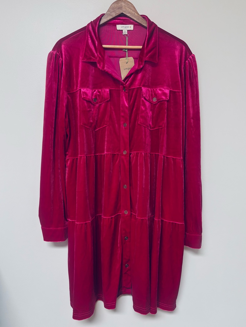 Umgee Babydoll Velvet Fuchsia Tiered Shirt Dress 1XL Pockets Party Concert
